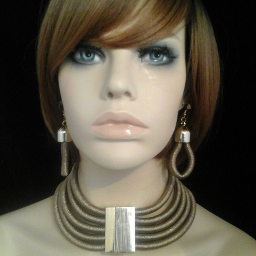 Chunky Gold Coil & Metal Layered Choker Statement Necklace Set NEW